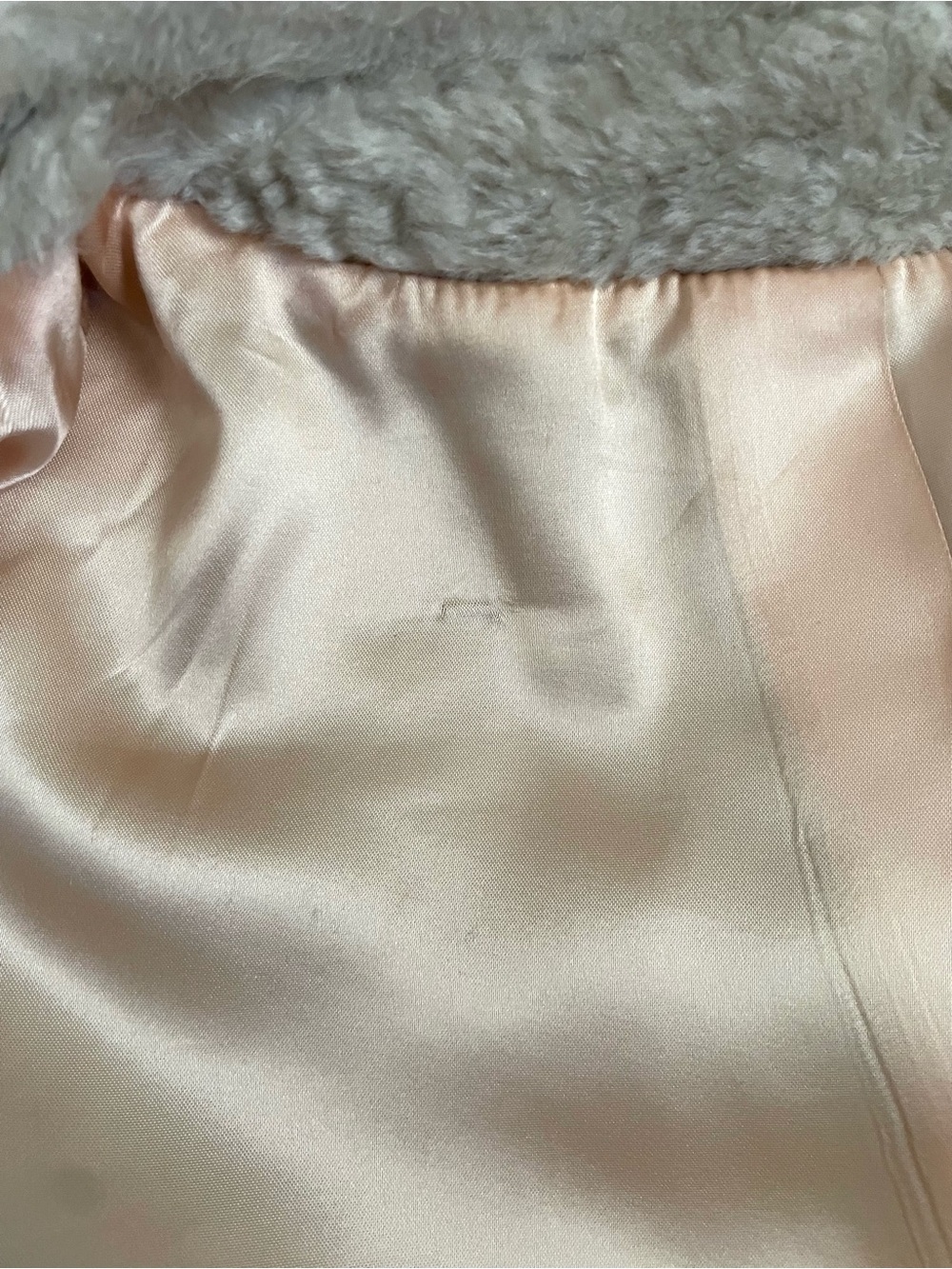 Vintage 60s Faux Fur Shawl Collar Coat Cream Waist Tie Satin Lining - Picture 12 of 15